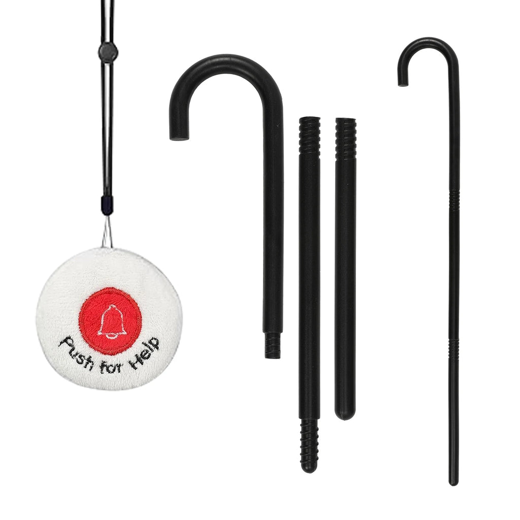 A clear product view presents a child wearing the help button necklace with costume cane, with the black cane and round push-for-help pendant clearly visible.