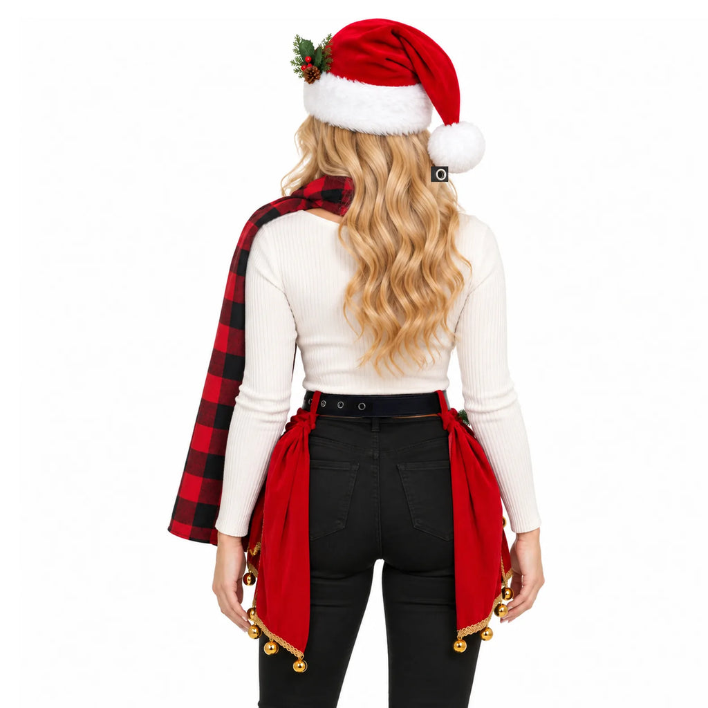 The back view shows the Christmas accessories set with a long hat and buckled belt.