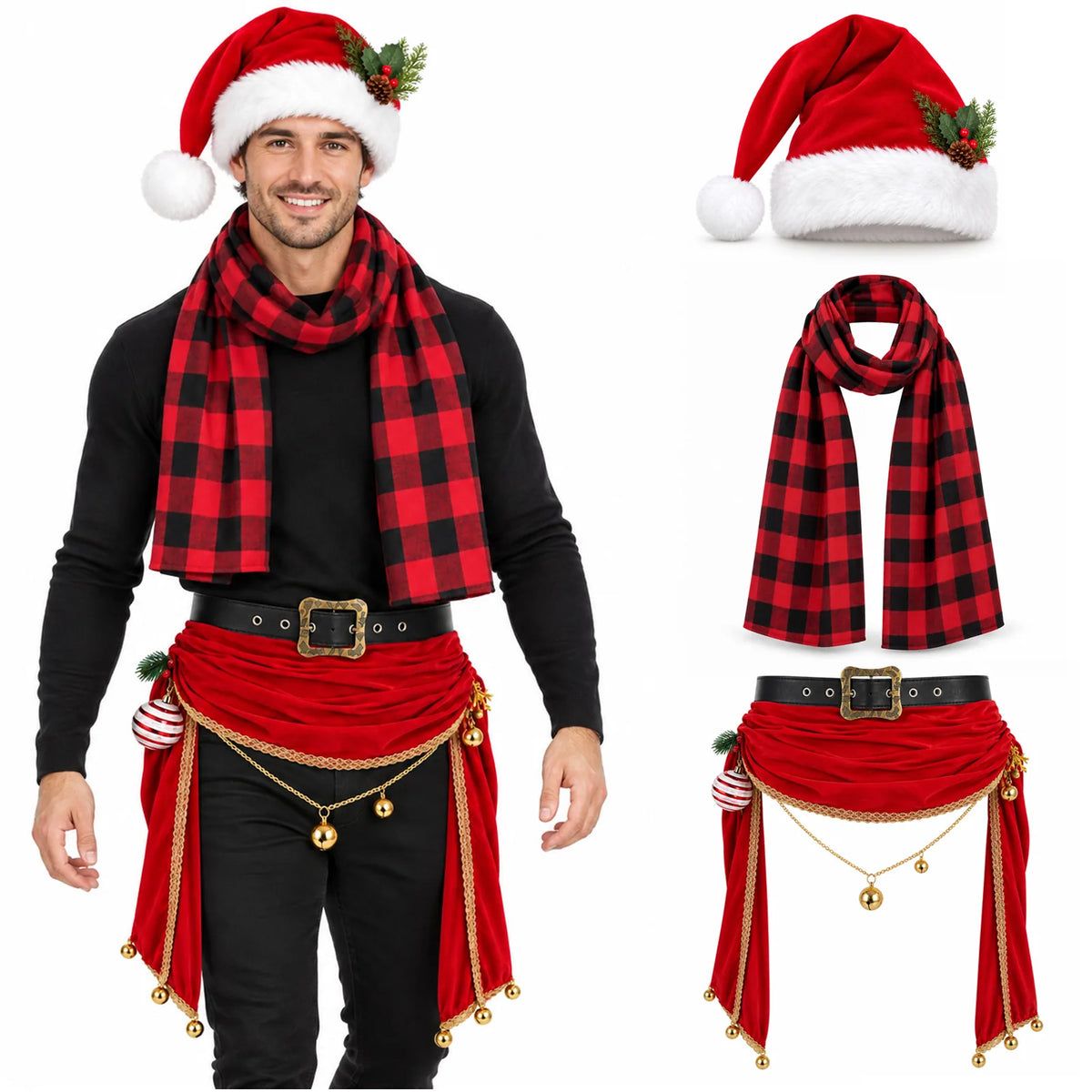A man wears the Christmas accessories set beside separate views of the three pieces.