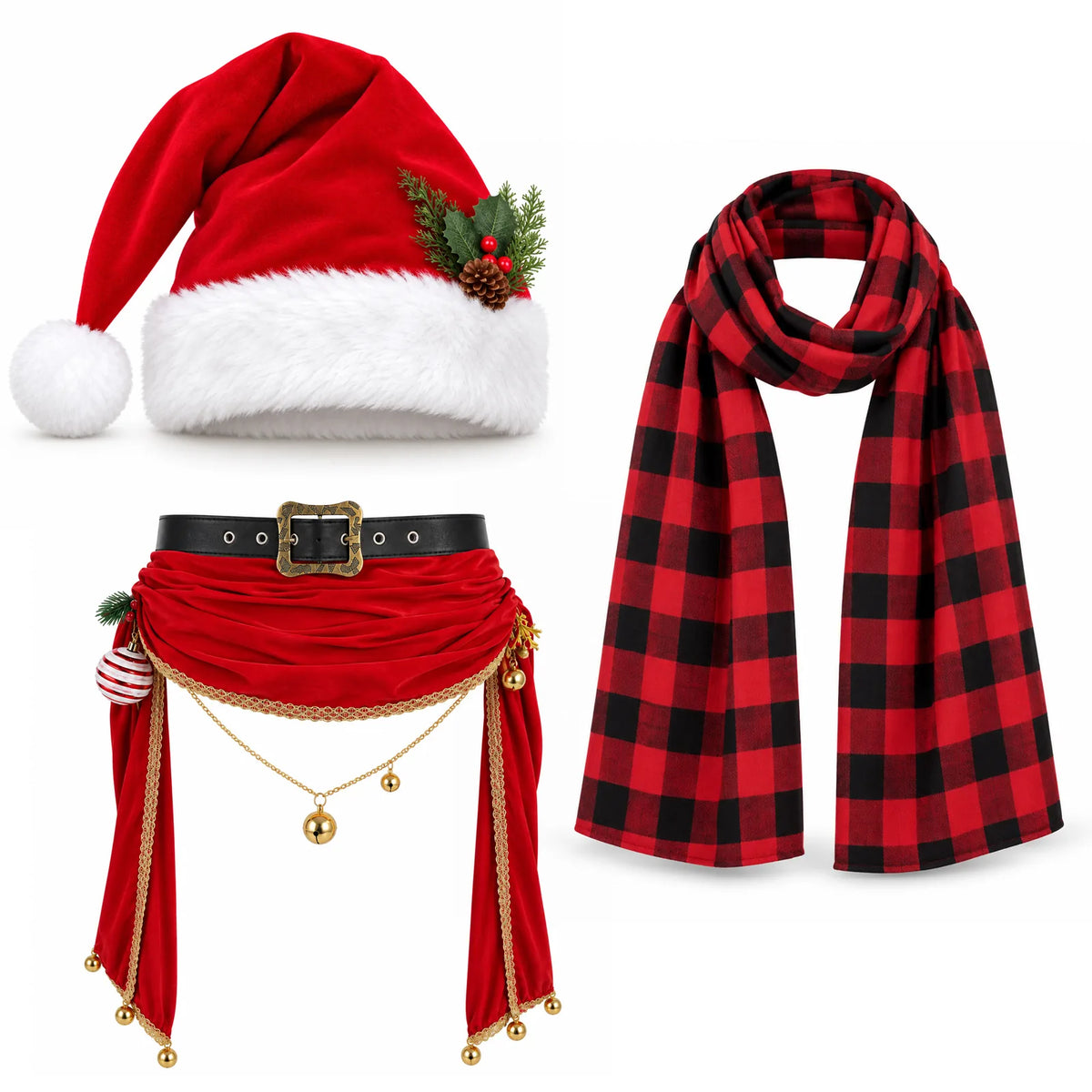 A red Santa hat, black and red plaid scarf and decorated waist sash form this Christmas accessories set.