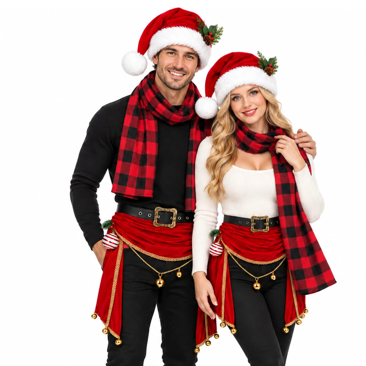 Two models wear matching Christmas accessories sets with red sashes and plaid scarves.
