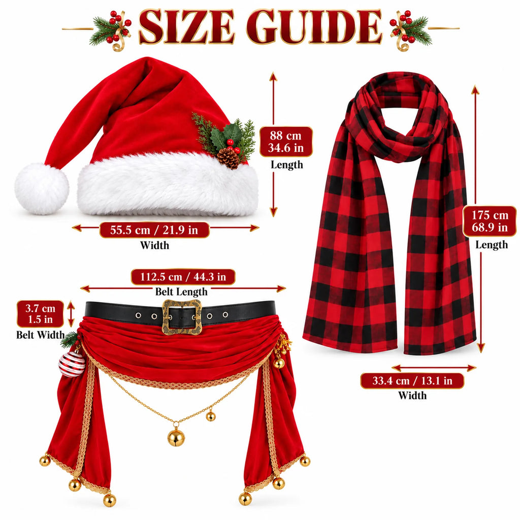 A measurement graphic labels the hat, scarf and belt dimensions in the Christmas accessories set.
