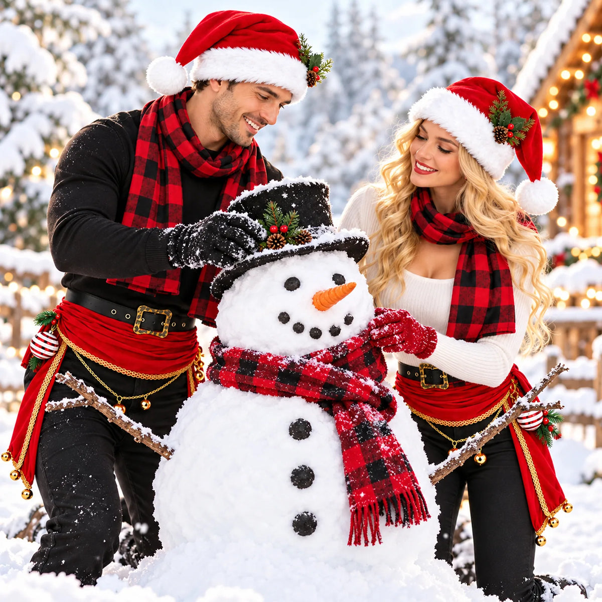 Two models wearing the Christmas accessories set pose beside a snowman in a snowy scene.