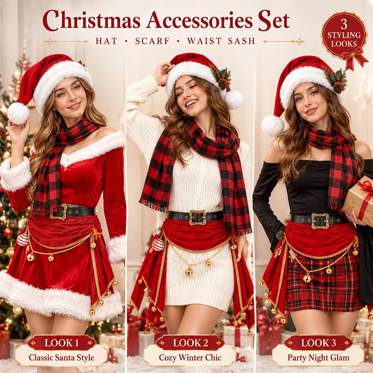 Three outfit ideas pair the Christmas accessories set with red, cream and black clothing.
