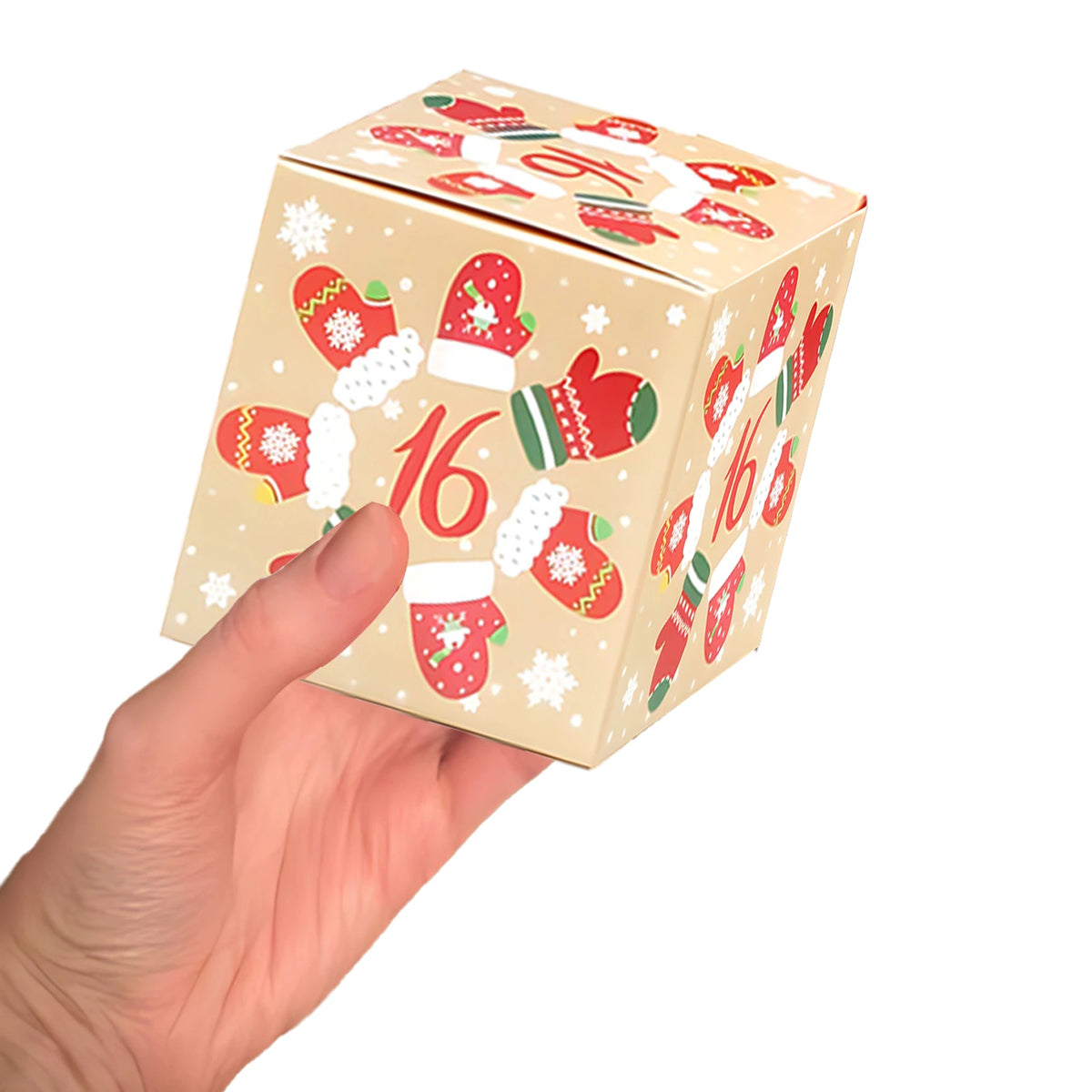 A hand holds the cream number sixteen Christmas box decorated with red and green mittens.