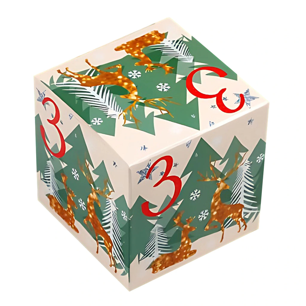 Cream and green number three Christmas box decorated with reindeer, trees and snowflake shapes.
