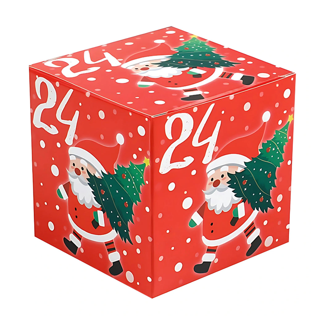 Red number twenty-four Christmas box with Santa holding a tree across its visible sides.