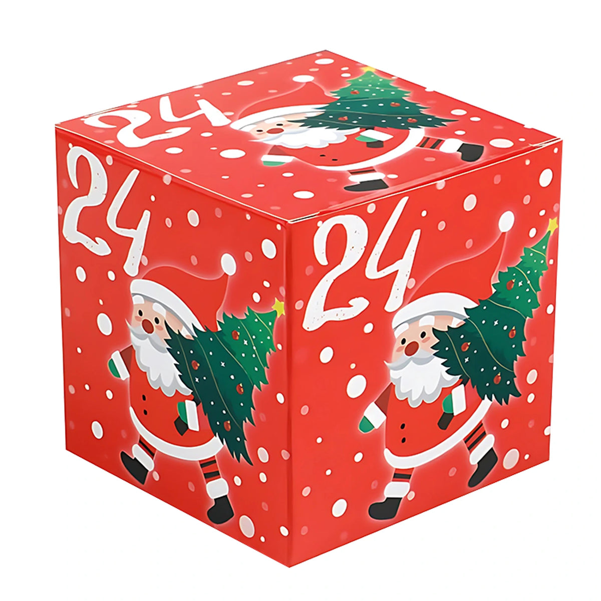Red number twenty-four Christmas box with Santa holding a tree across its visible sides.
