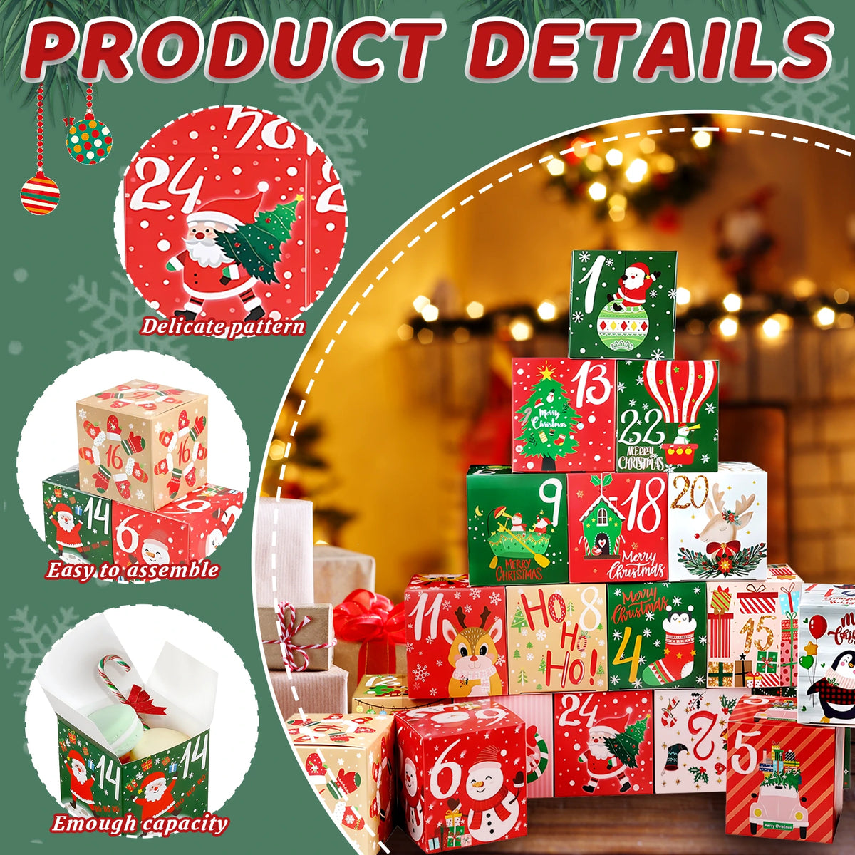 Close-up panels show colorful numbered Christmas boxes, foldable construction and an open top.