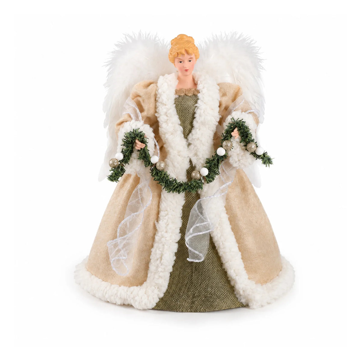 A champagne garland angel tree topper stands front-facing with feather wings and green holiday trim.
