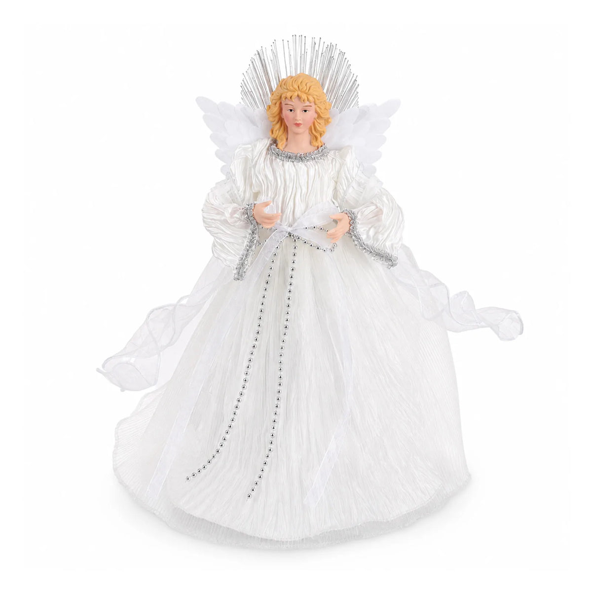 A silver beaded halo angel tree topper stands front-facing with feather wings and bead-trimmed white fabric.