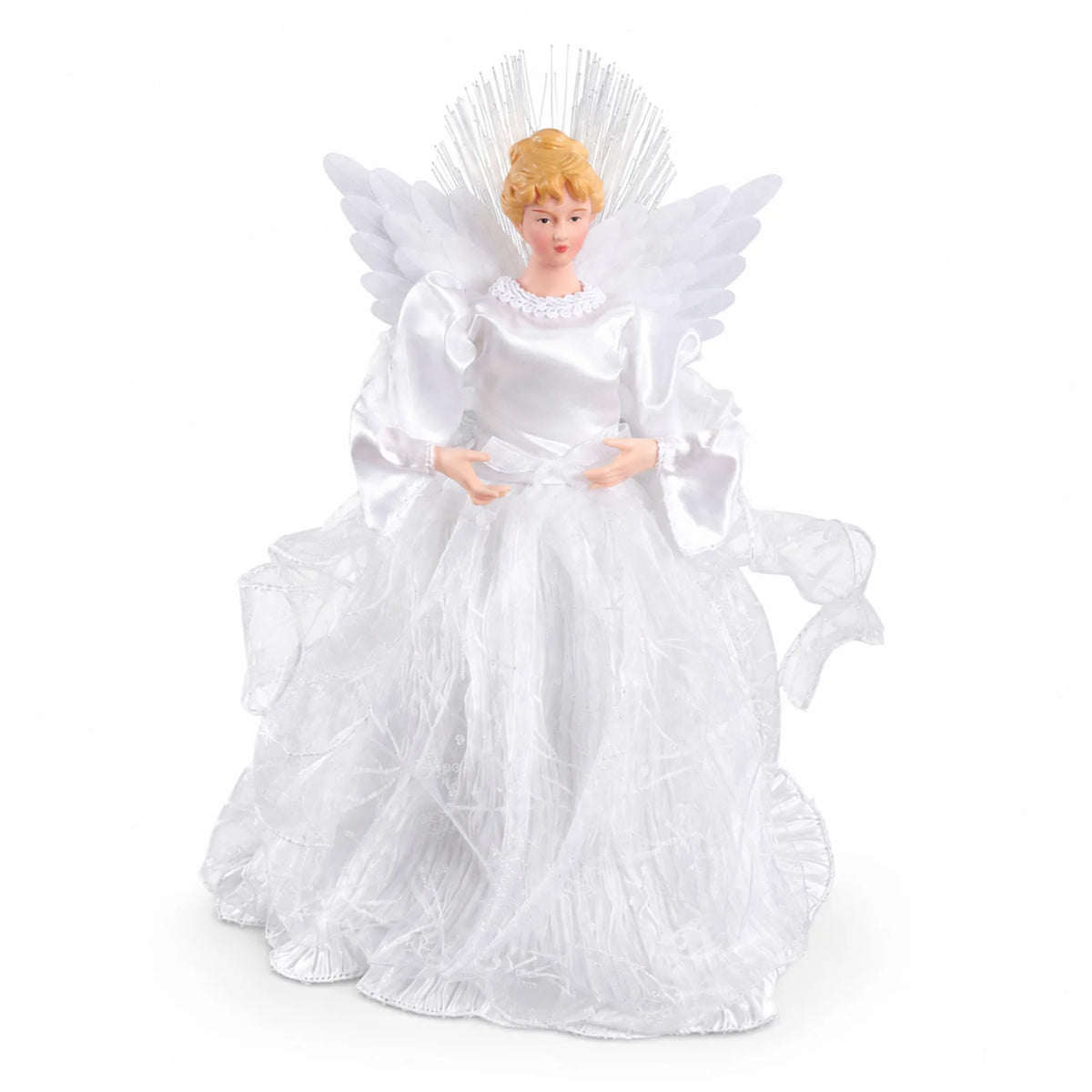 A silver halo angel tree topper stands front-facing in a pleated white gown with feather wings.