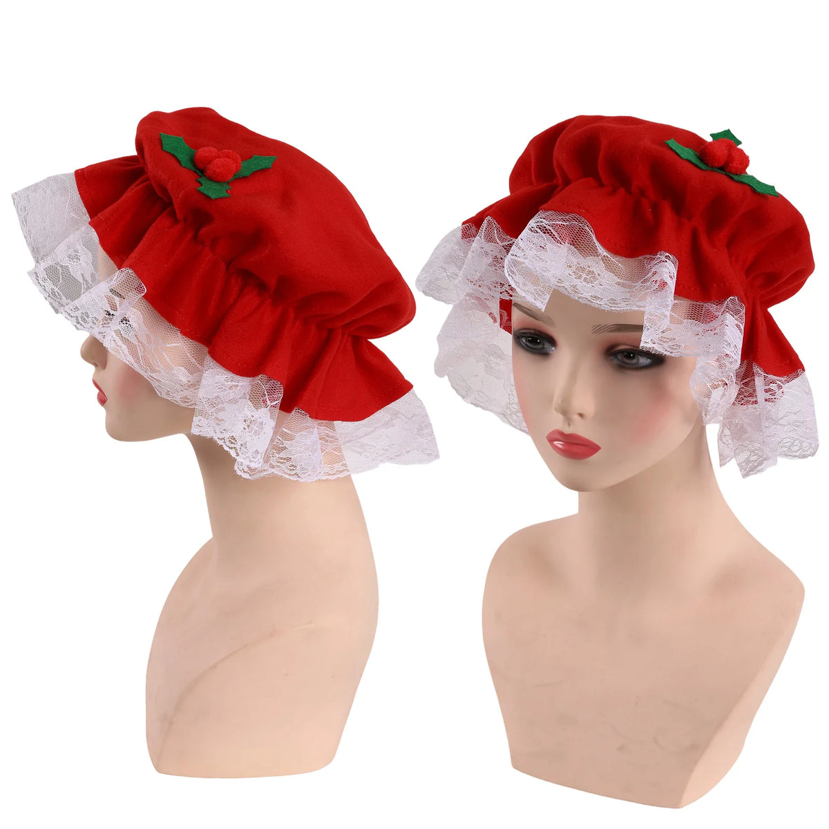 Front and side views of the red bonnet on mannequin heads.