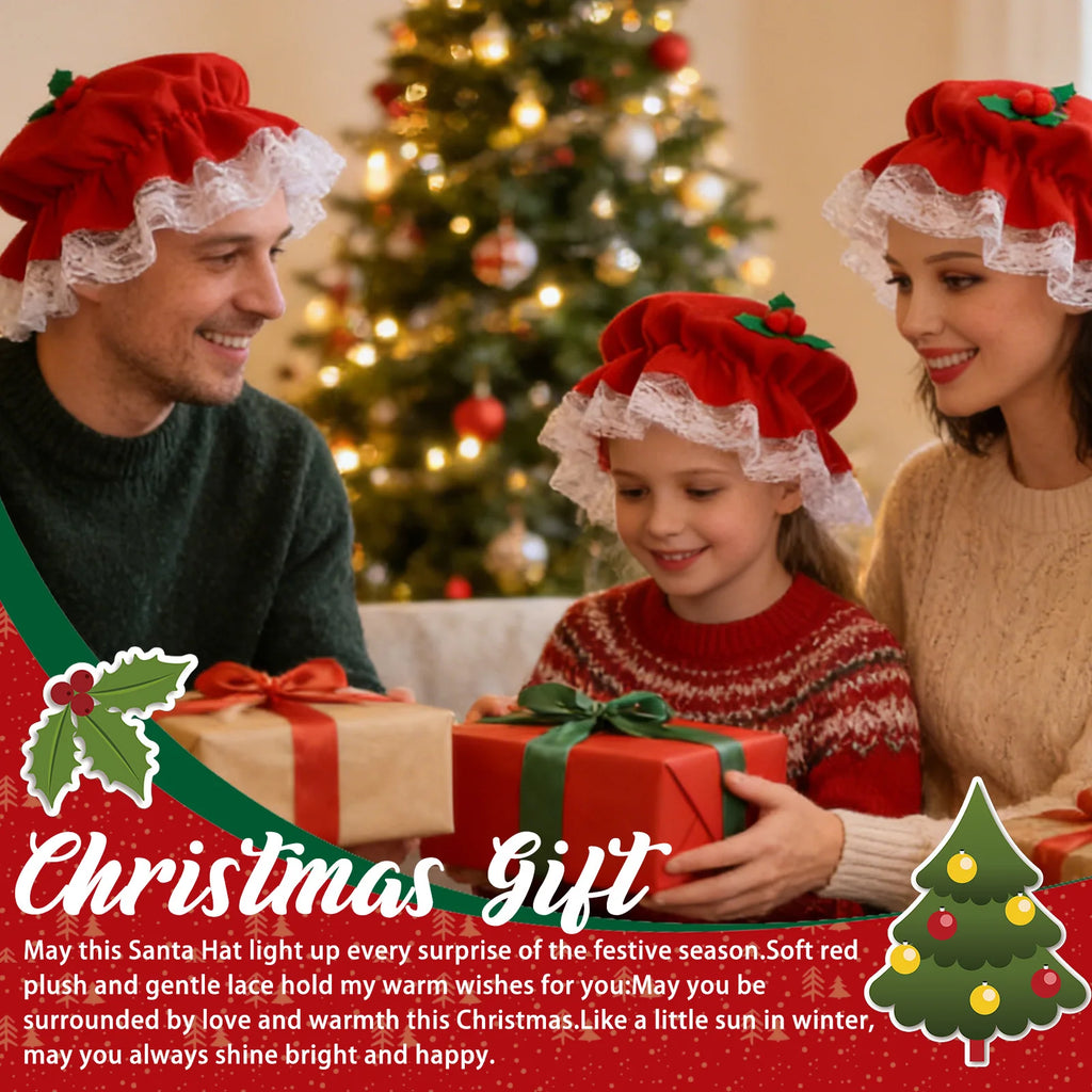 A holiday gift scene shows three people wearing red lace bonnets.
