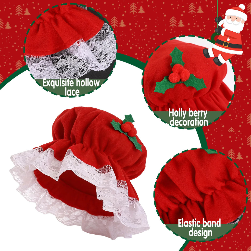 Detail graphic shows lace edging, holly decoration and an elastic band.