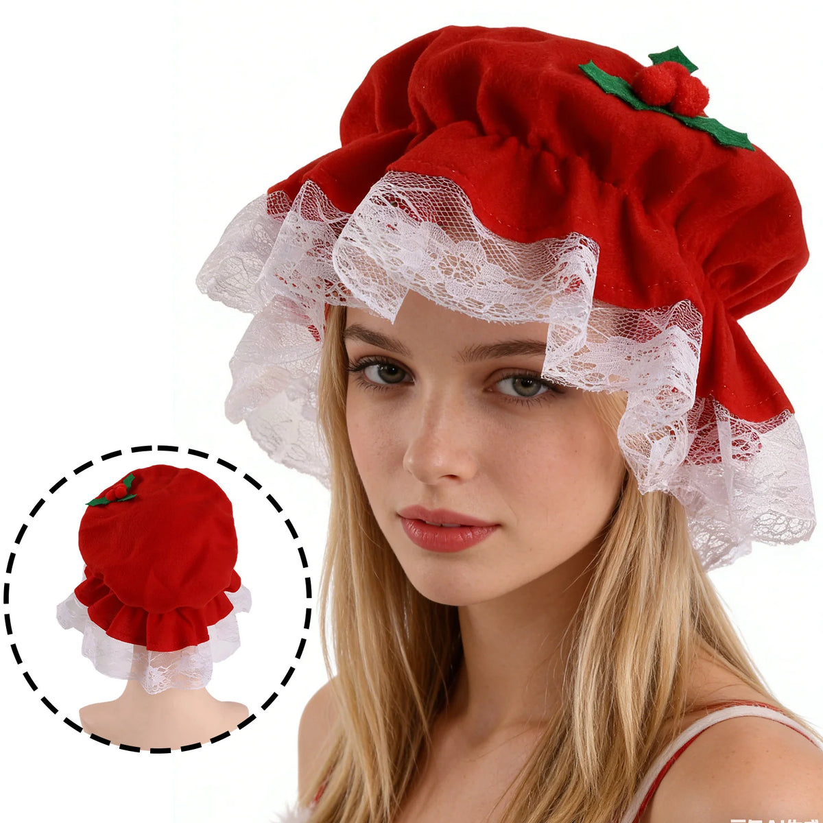 Red bonnet with lace on a model and a rear view inset.