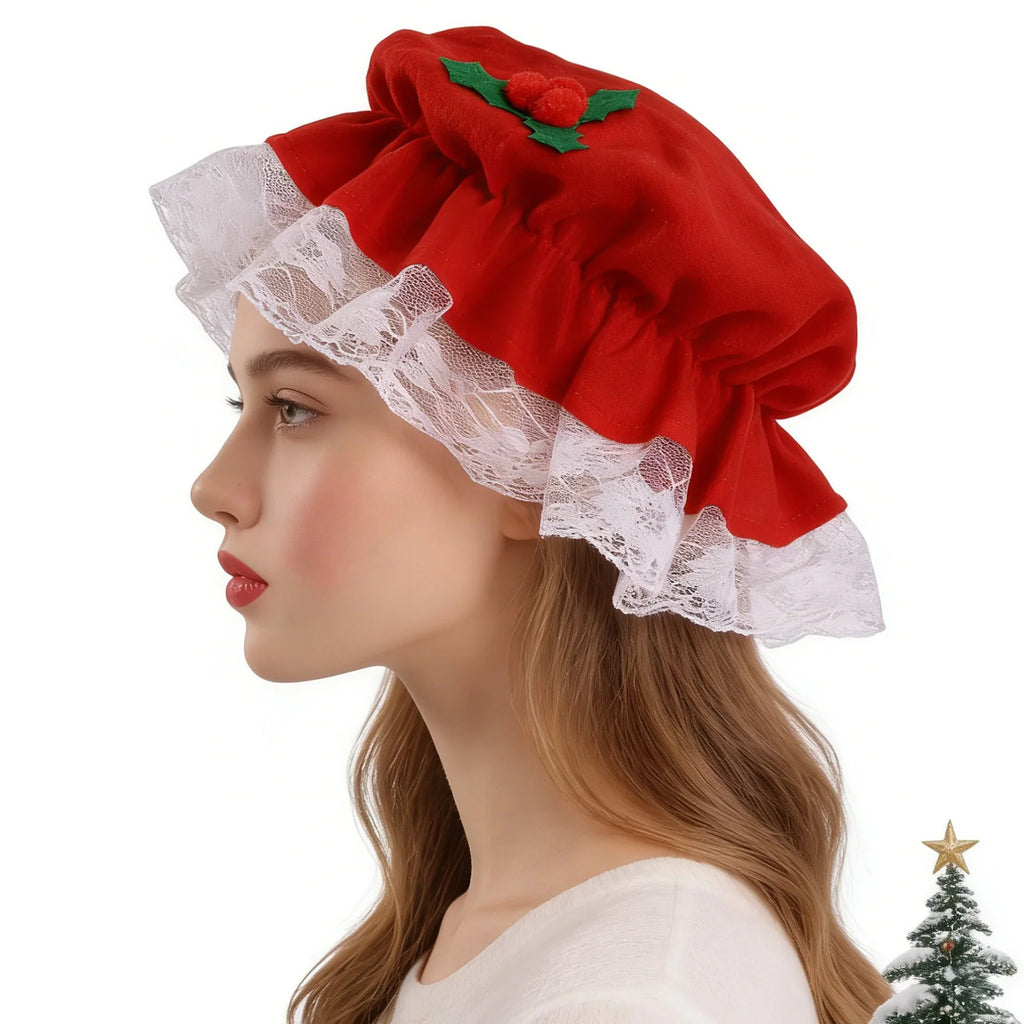 A model shows the side profile of the red lace-trimmed bonnet.
