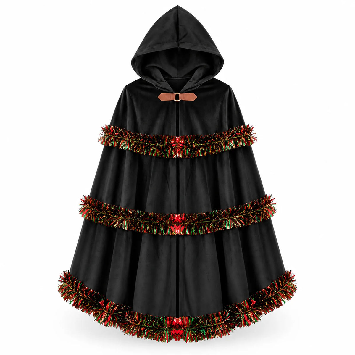 The black hooded cloak is displayed from the front with three tinsel bands.