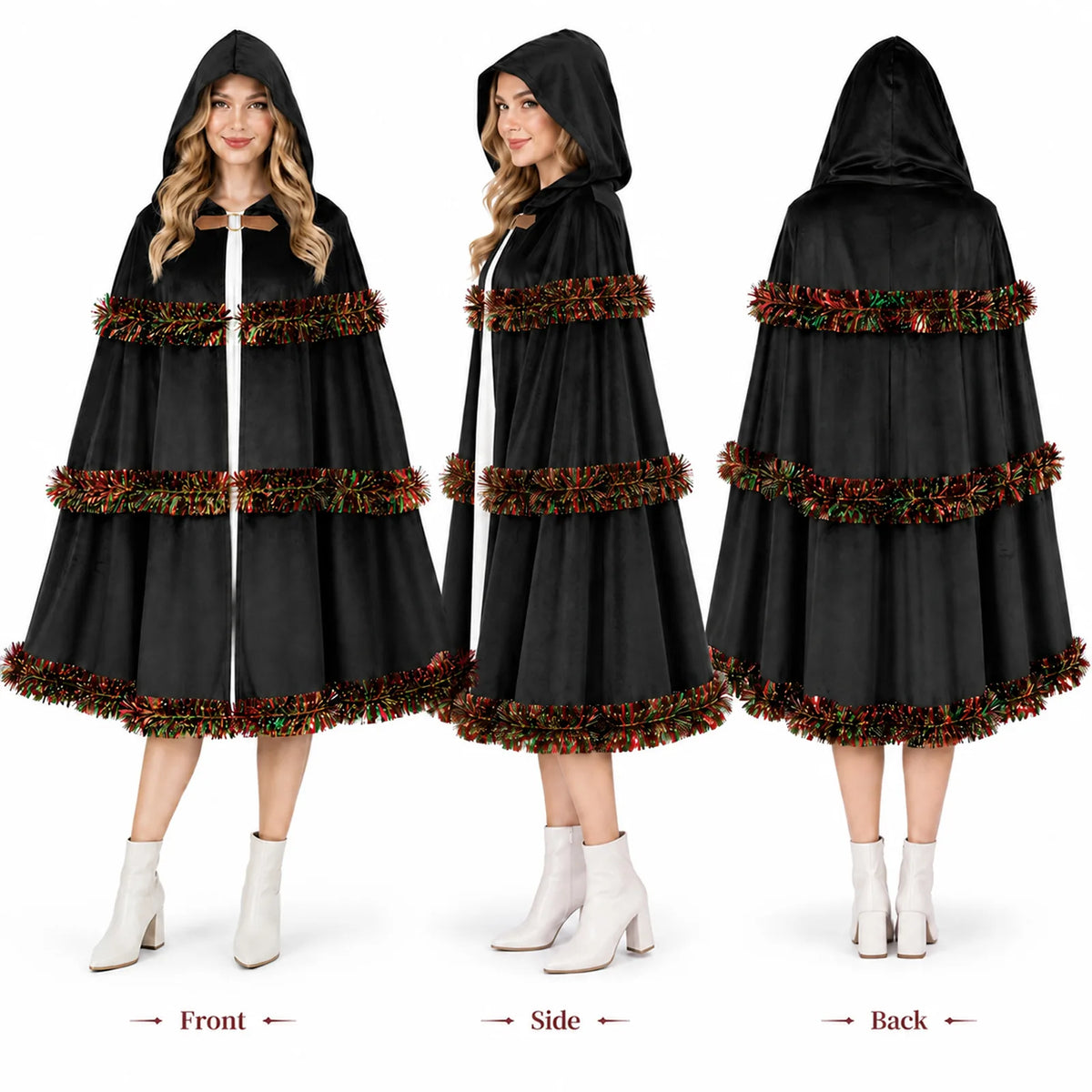 Front, side, and back views show the black cloak on a model.
