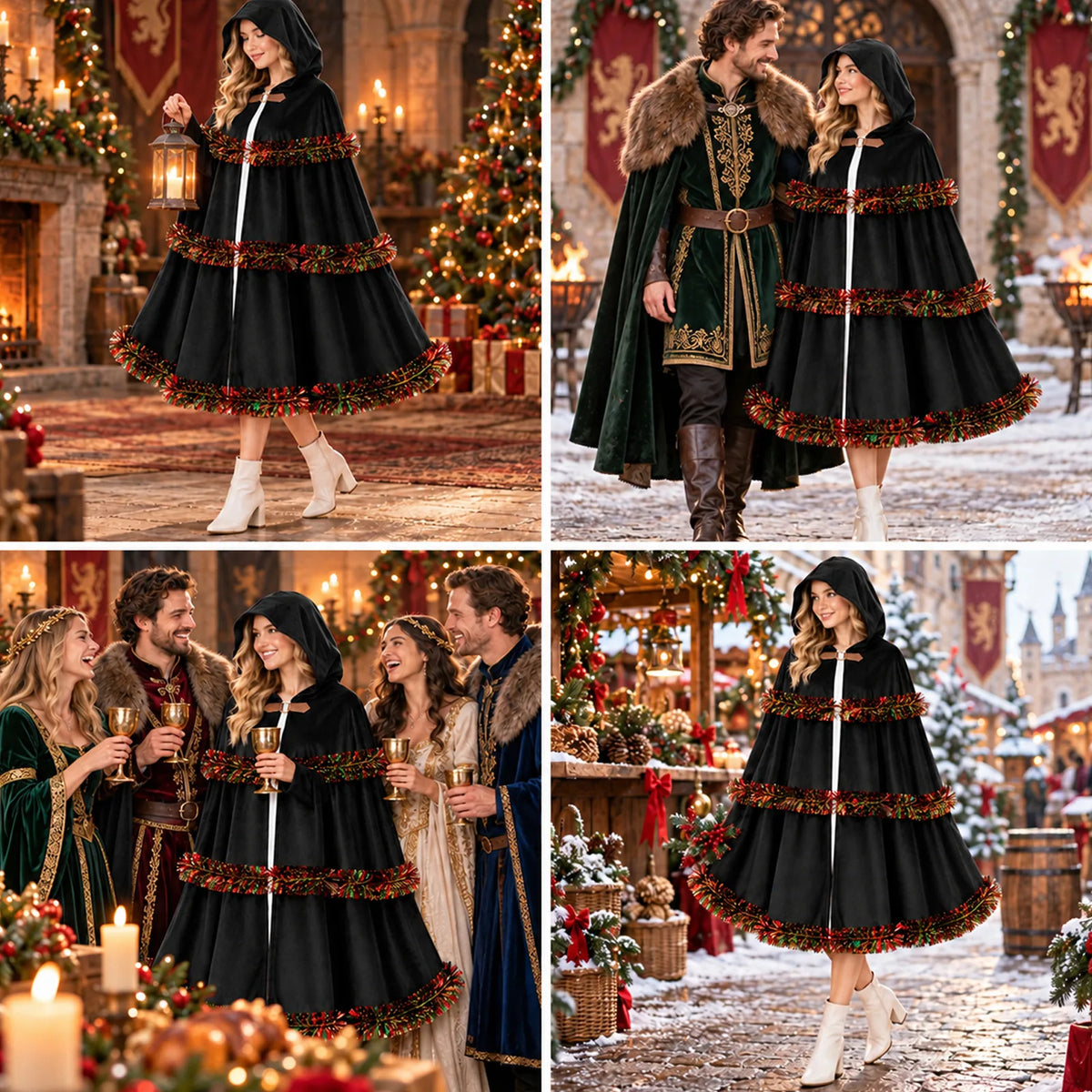 A collage shows the black cloak in indoor and outdoor holiday scenes.