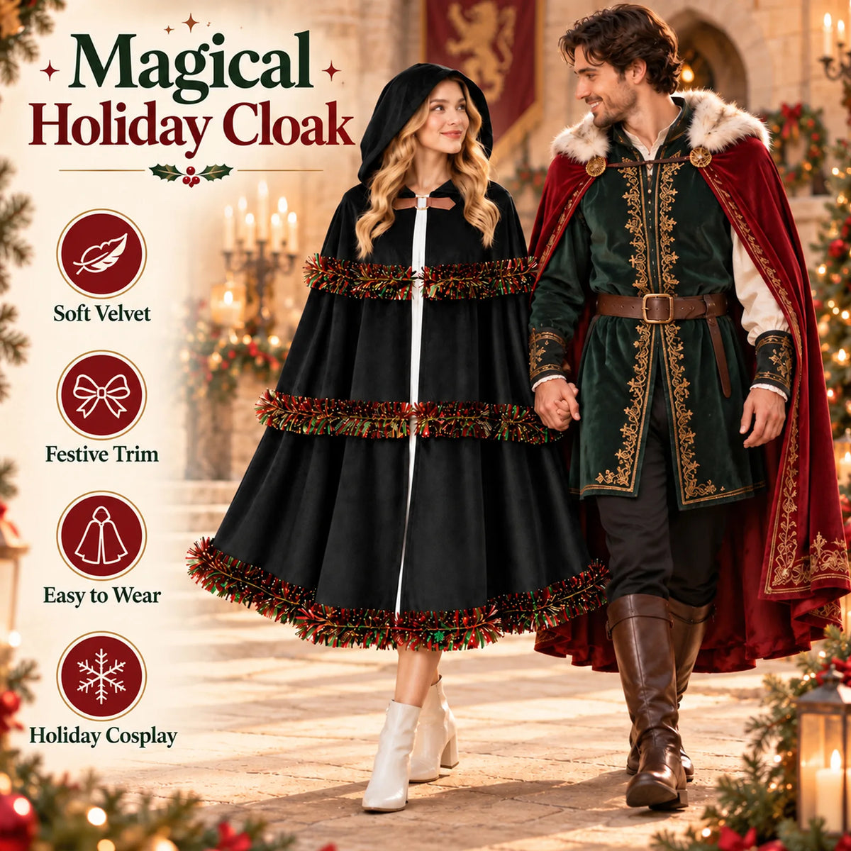 A model wears the black cloak in a festive scene beside another costumed person.