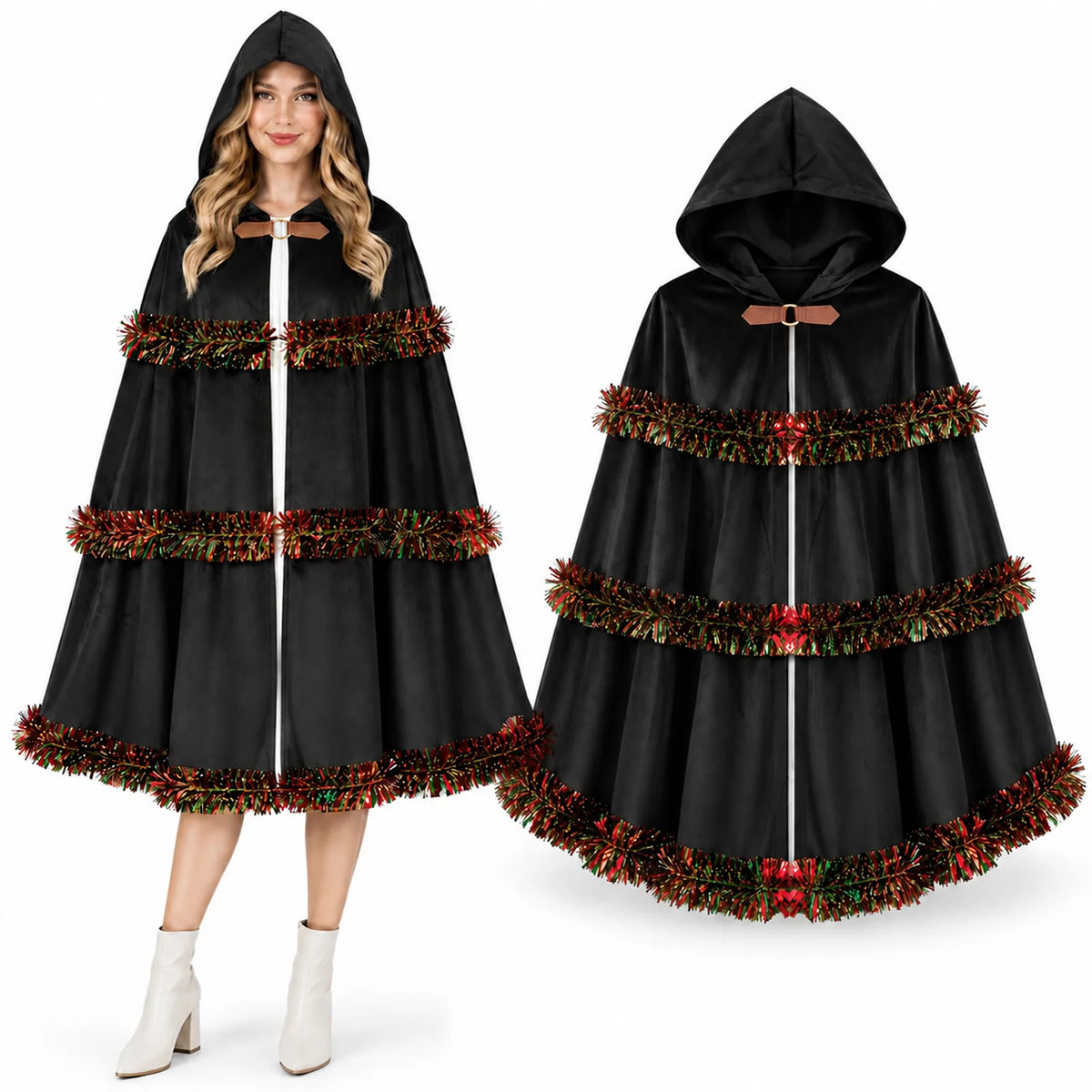 A model and a front display show the black hooded Christmas cloak.