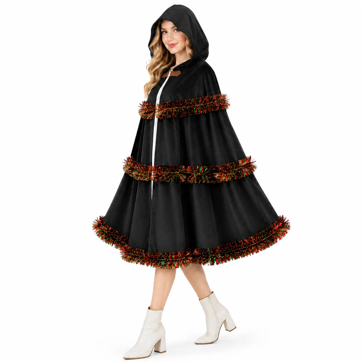 A model wears the black hooded cloak with festive tinsel trim.