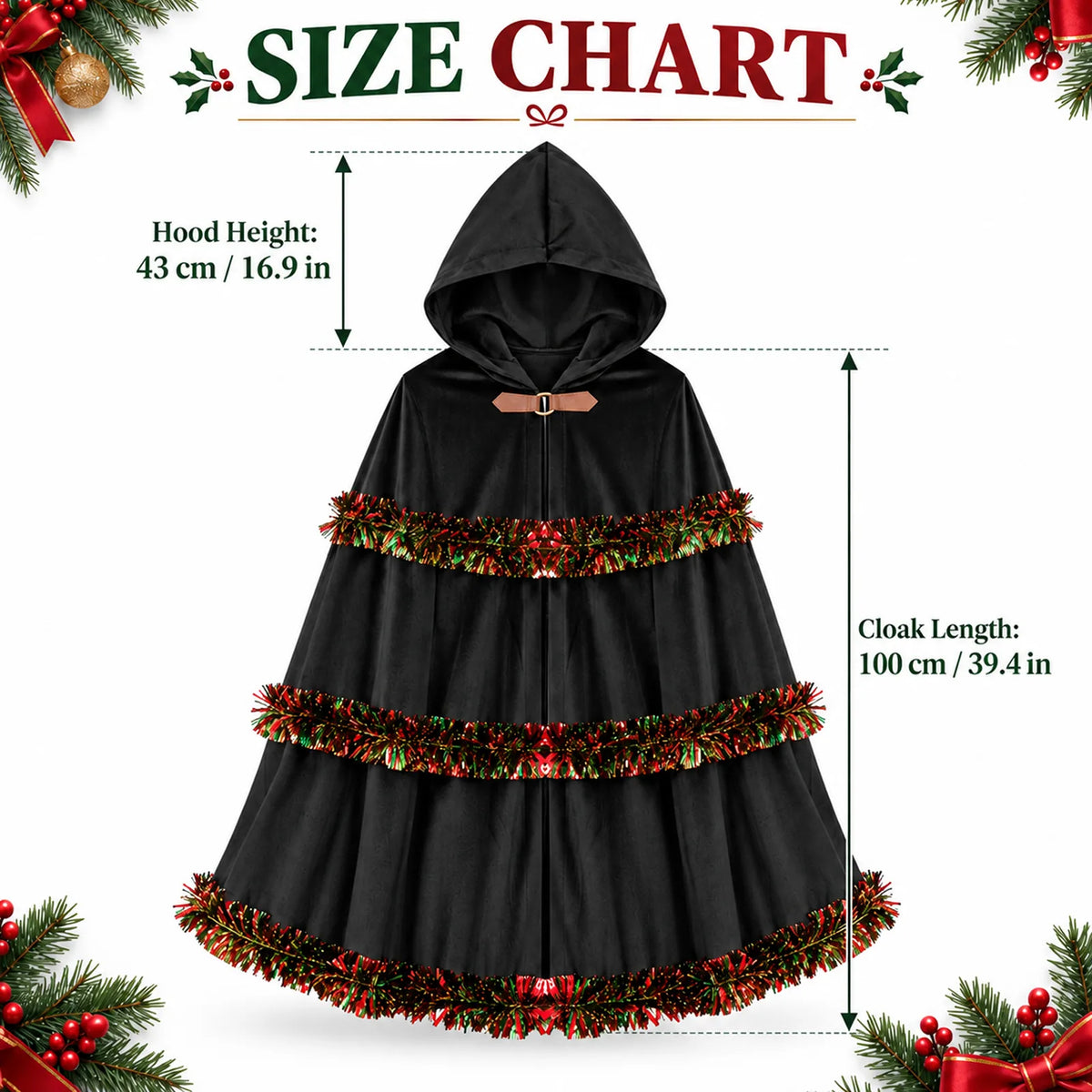 The black cloak size diagram shows hood height and cloak length in two units.