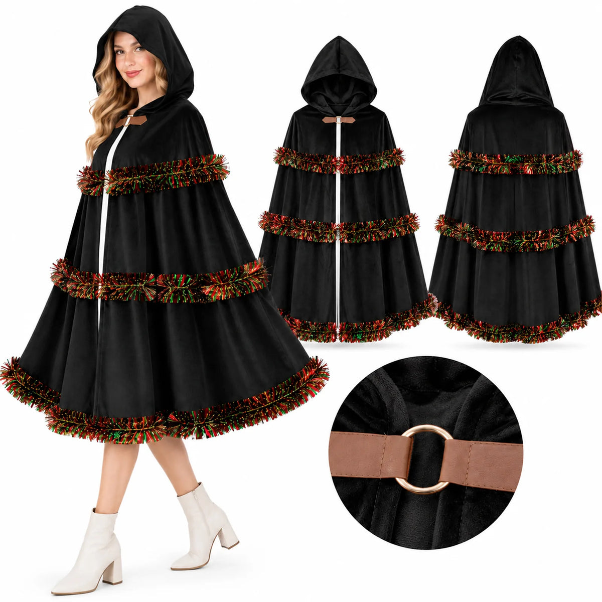 The black cloak is shown on a model, from both sides, and at the ring closure.