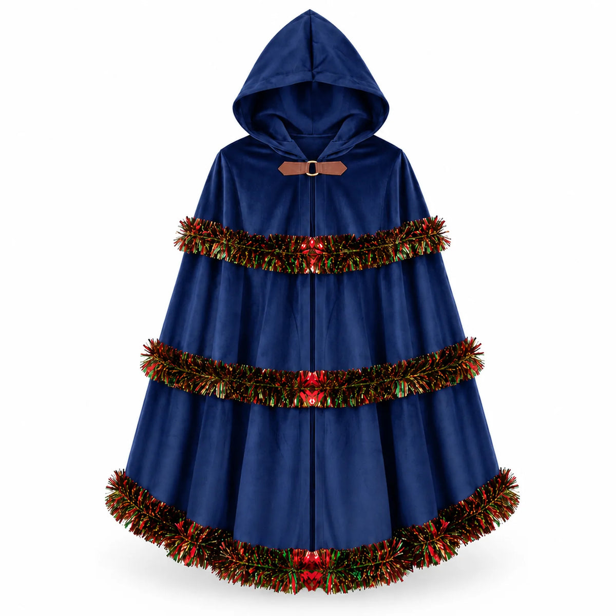The blue hooded cloak is displayed from the front with three tinsel bands.
