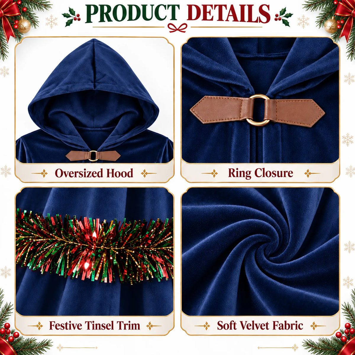 The blue cloak detail graphic labels the hood, ring closure, tinsel trim and velvet.
