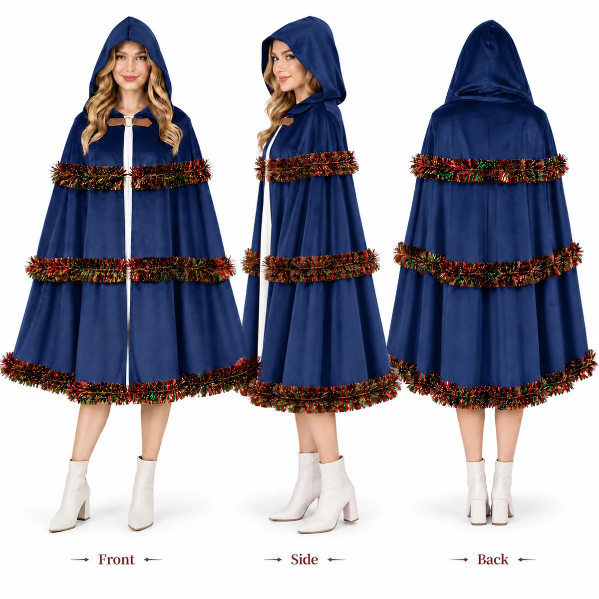Front, side, and back views show the blue cloak on a model.