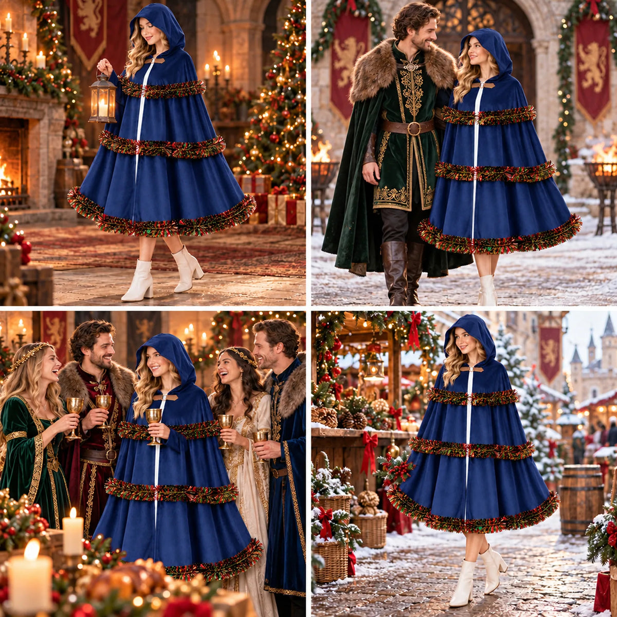A collage shows the blue cloak in indoor and outdoor holiday scenes.