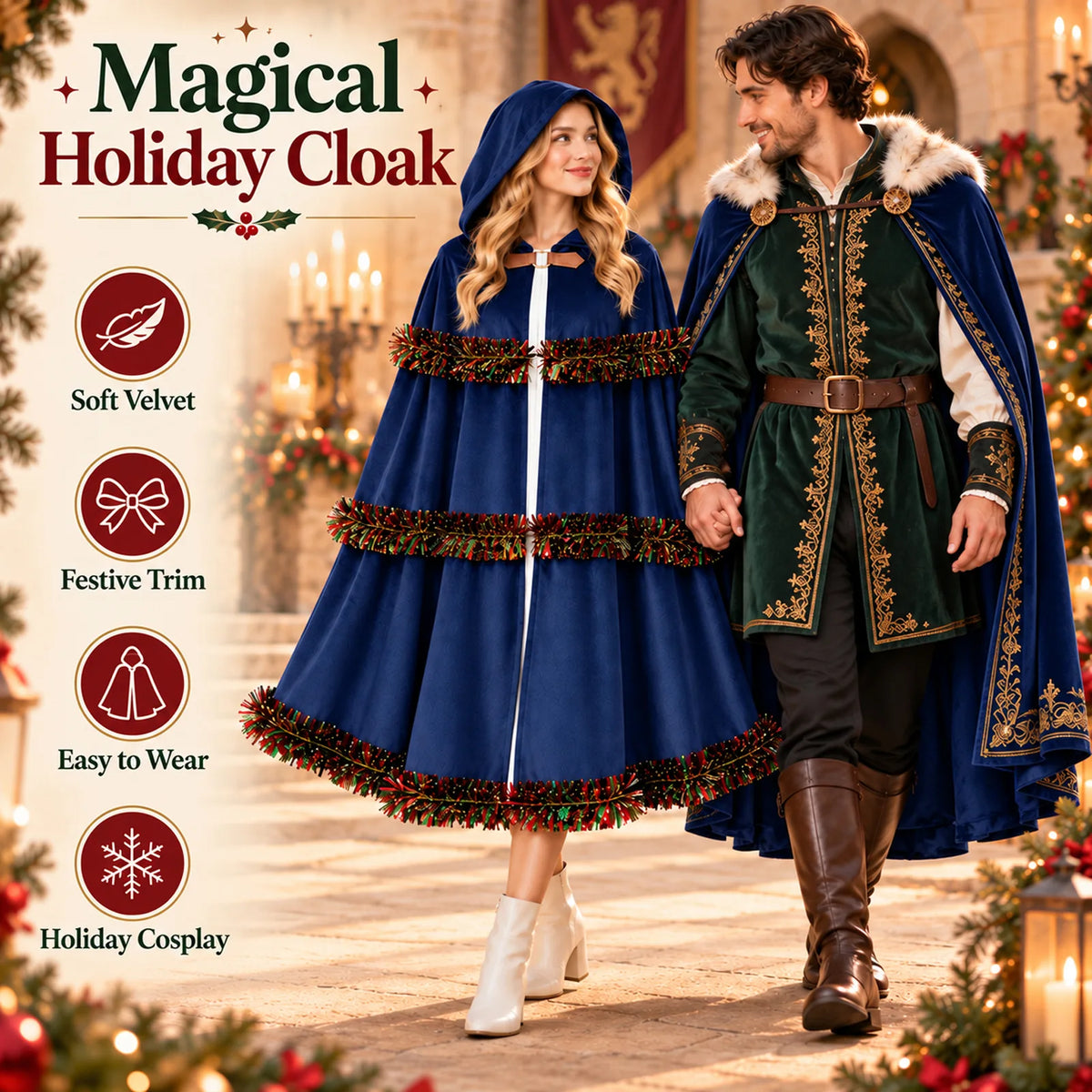 A model wears the blue cloak in a festive scene beside another costumed person.