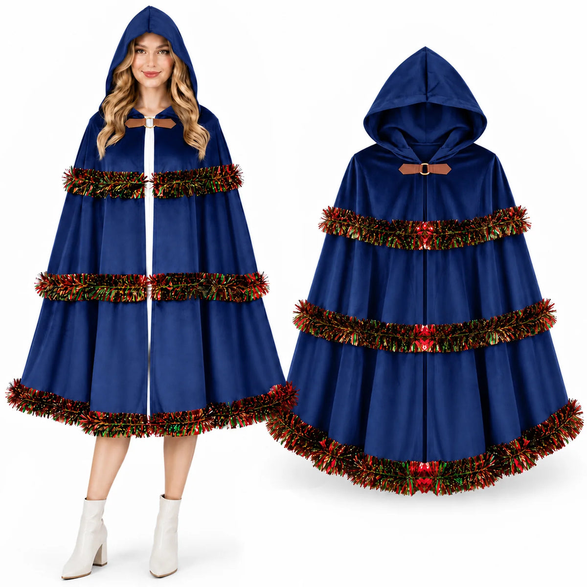 A model and a front display show the blue hooded Christmas cloak.
