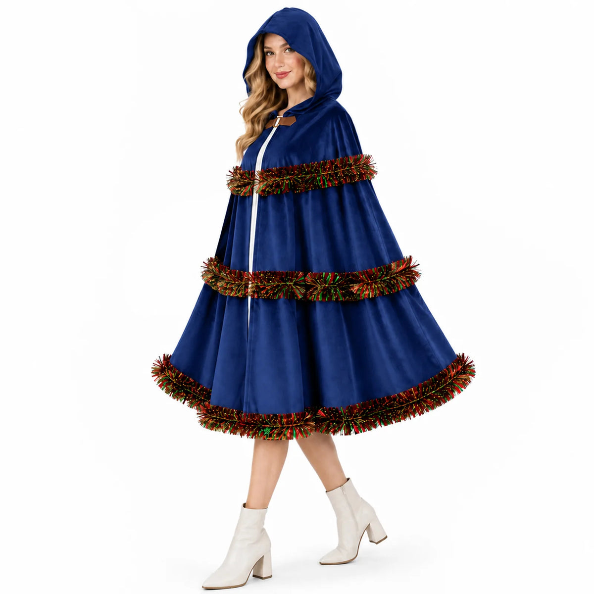 A model wears the blue hooded cloak with festive tinsel trim.