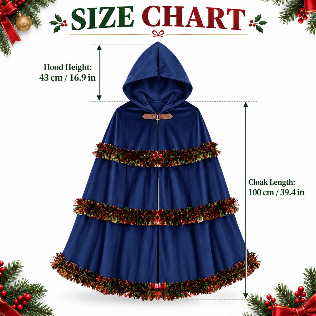 The blue cloak size diagram shows hood height and cloak length in two units.