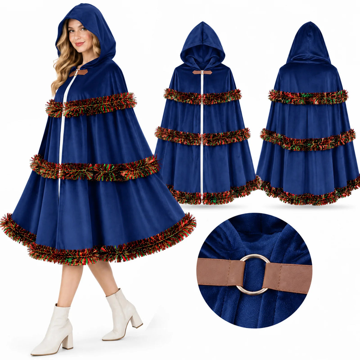 The blue cloak is shown on a model, from both sides, and at the ring closure.
