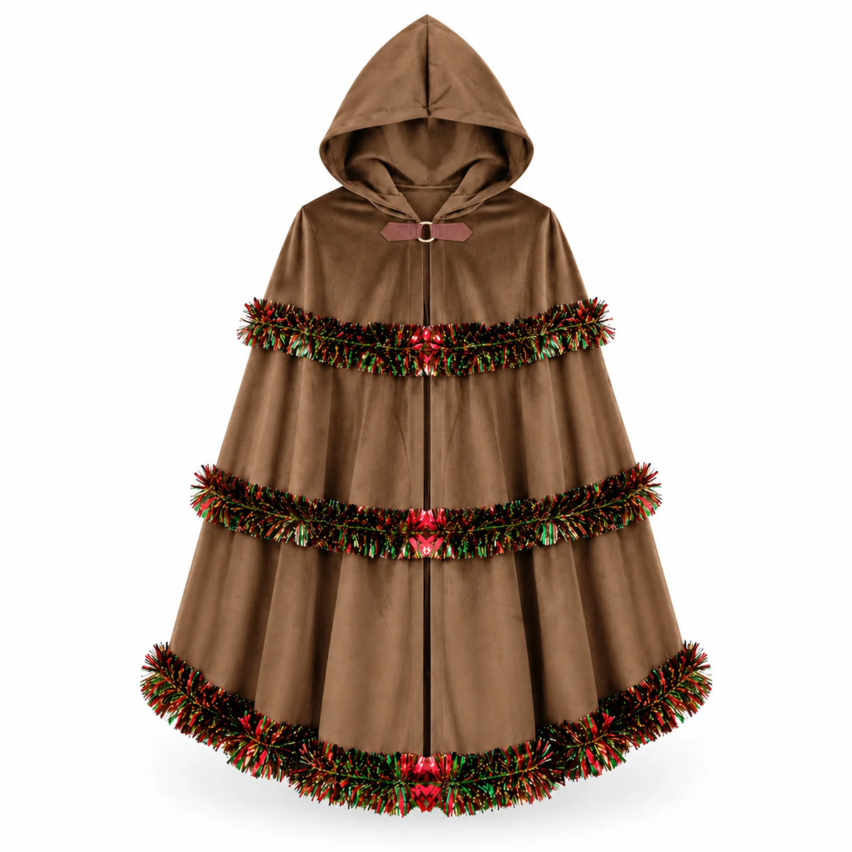 The brown hooded cloak is displayed from the front with three tinsel bands.