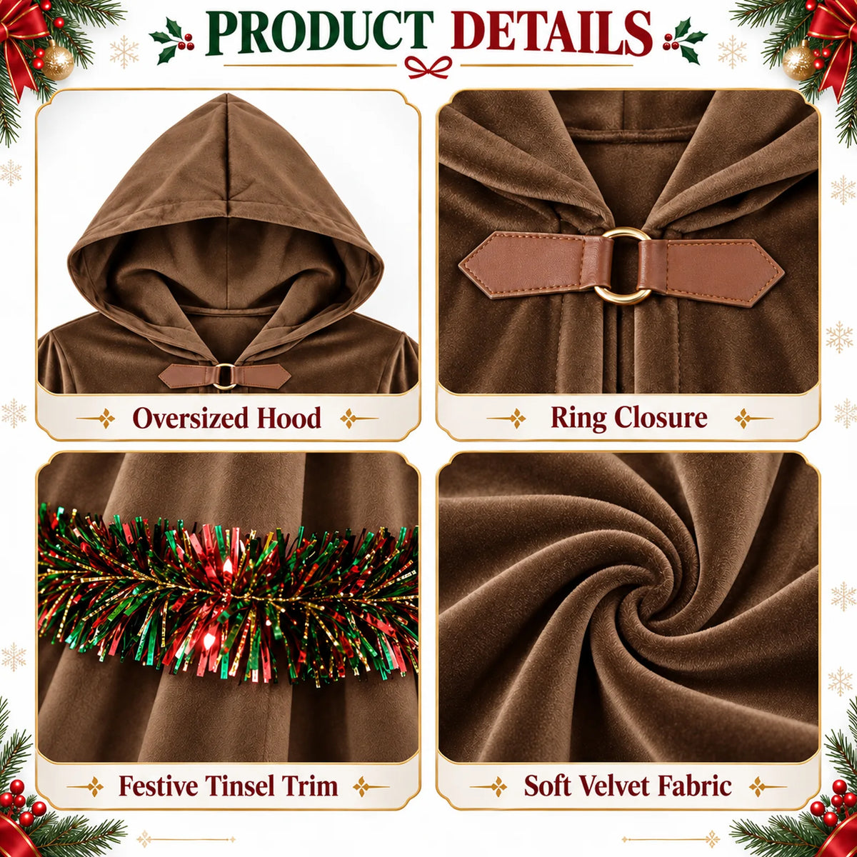 The brown cloak detail graphic labels the hood, ring closure, tinsel trim and velvet.
