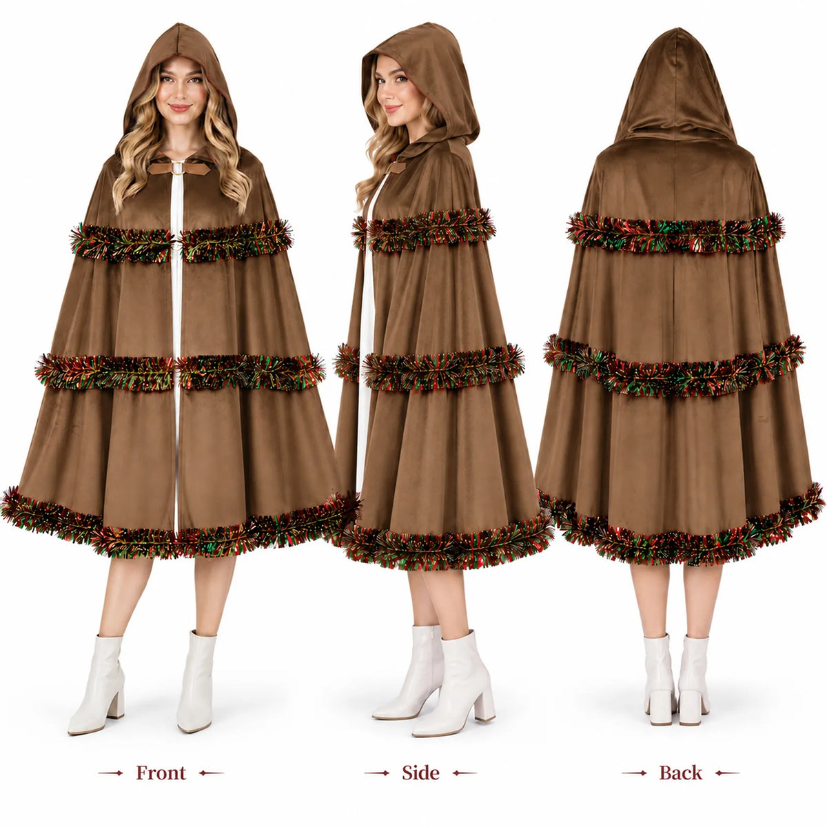 Front, side, and back views show the brown cloak on a model.