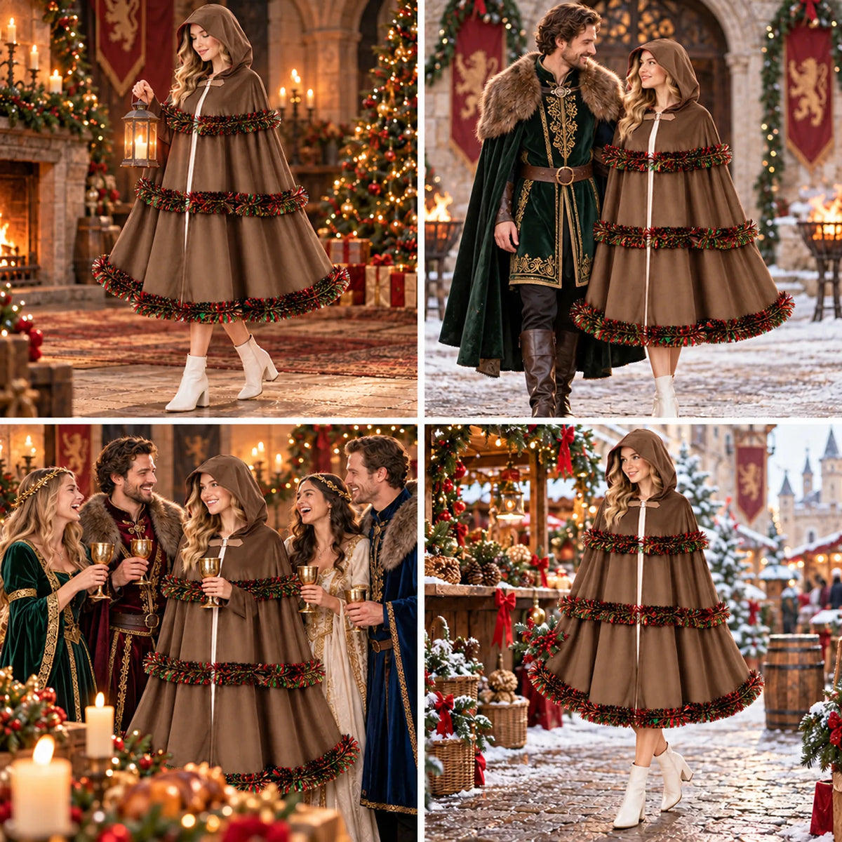 A collage shows the brown cloak in indoor and outdoor holiday scenes.