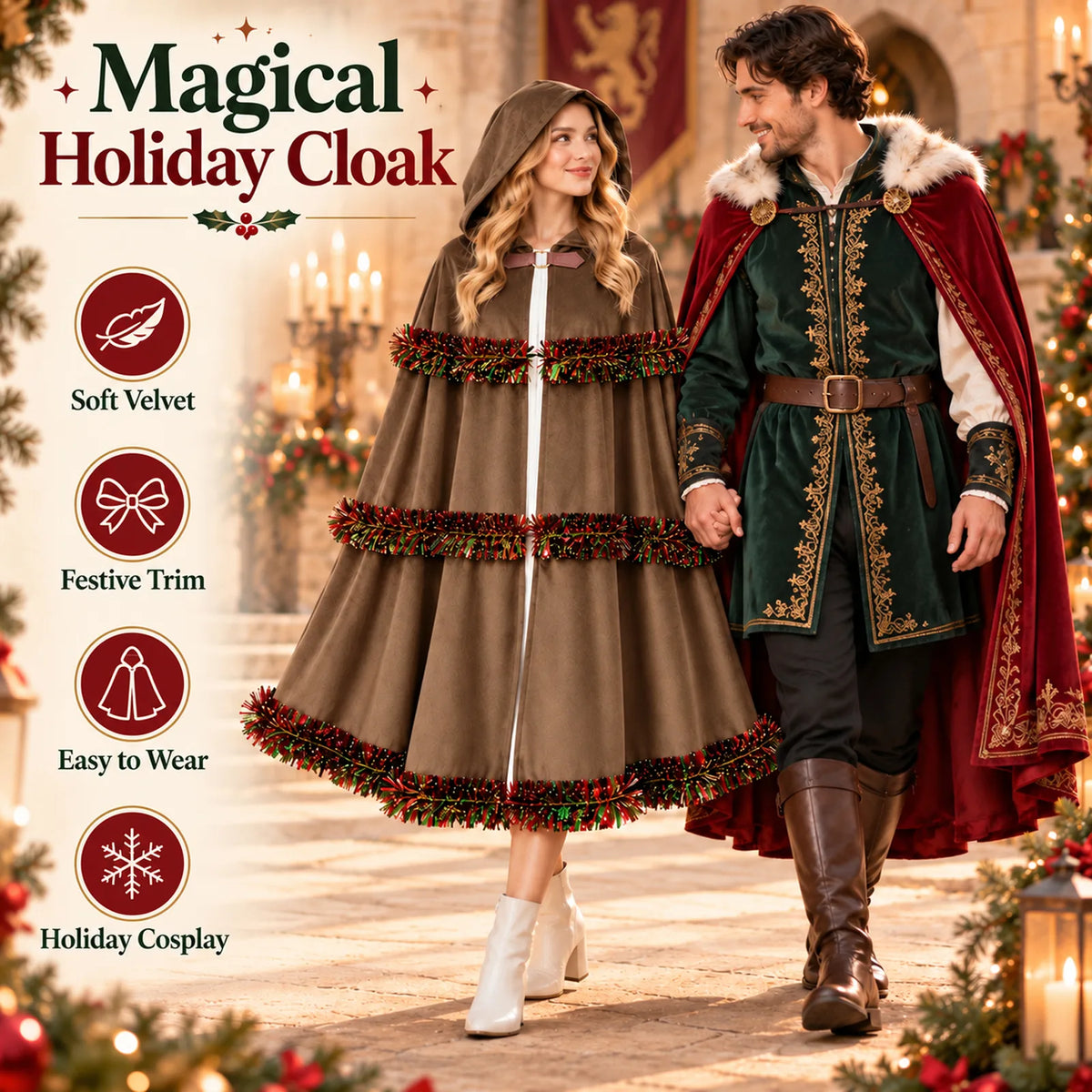 A model wears the brown cloak in a festive scene beside another costumed person.