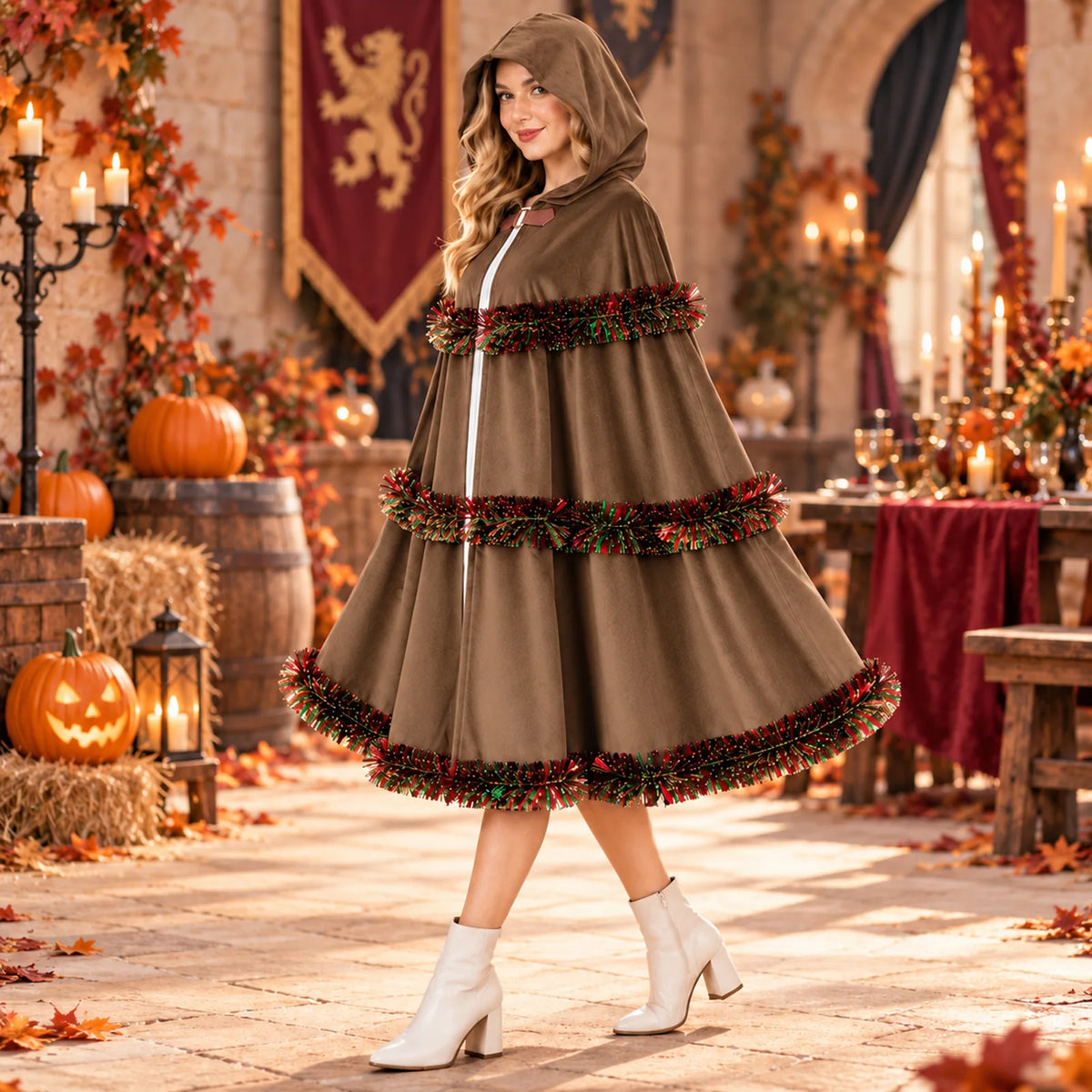 The brown cloak appears on a model in a candlelit autumn setting.