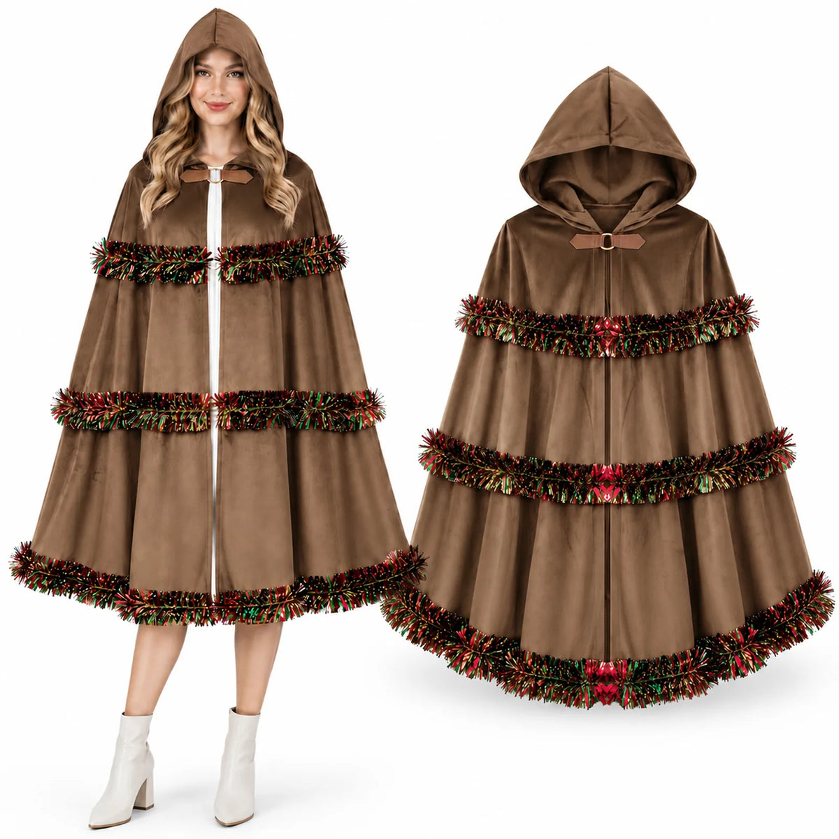 A model and a front display show the brown hooded Christmas cloak.