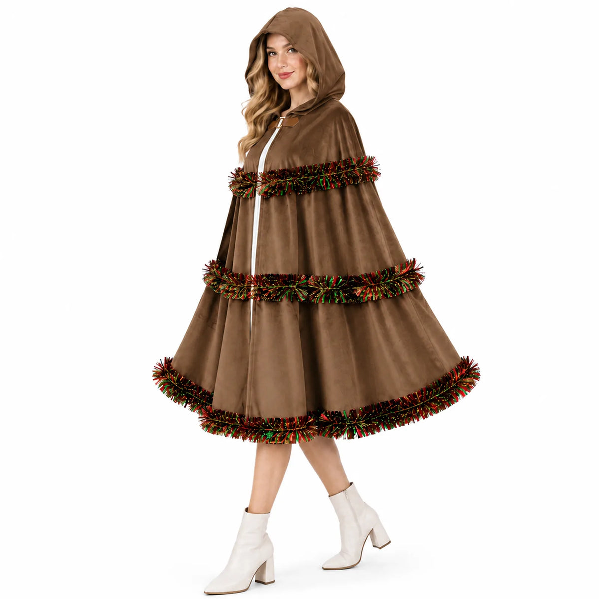 A model wears the brown hooded cloak with festive tinsel trim.