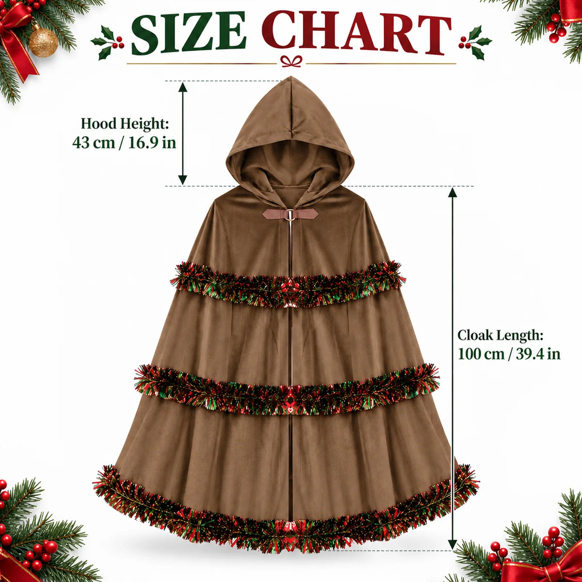 The brown cloak size diagram shows hood height and cloak length in two units.