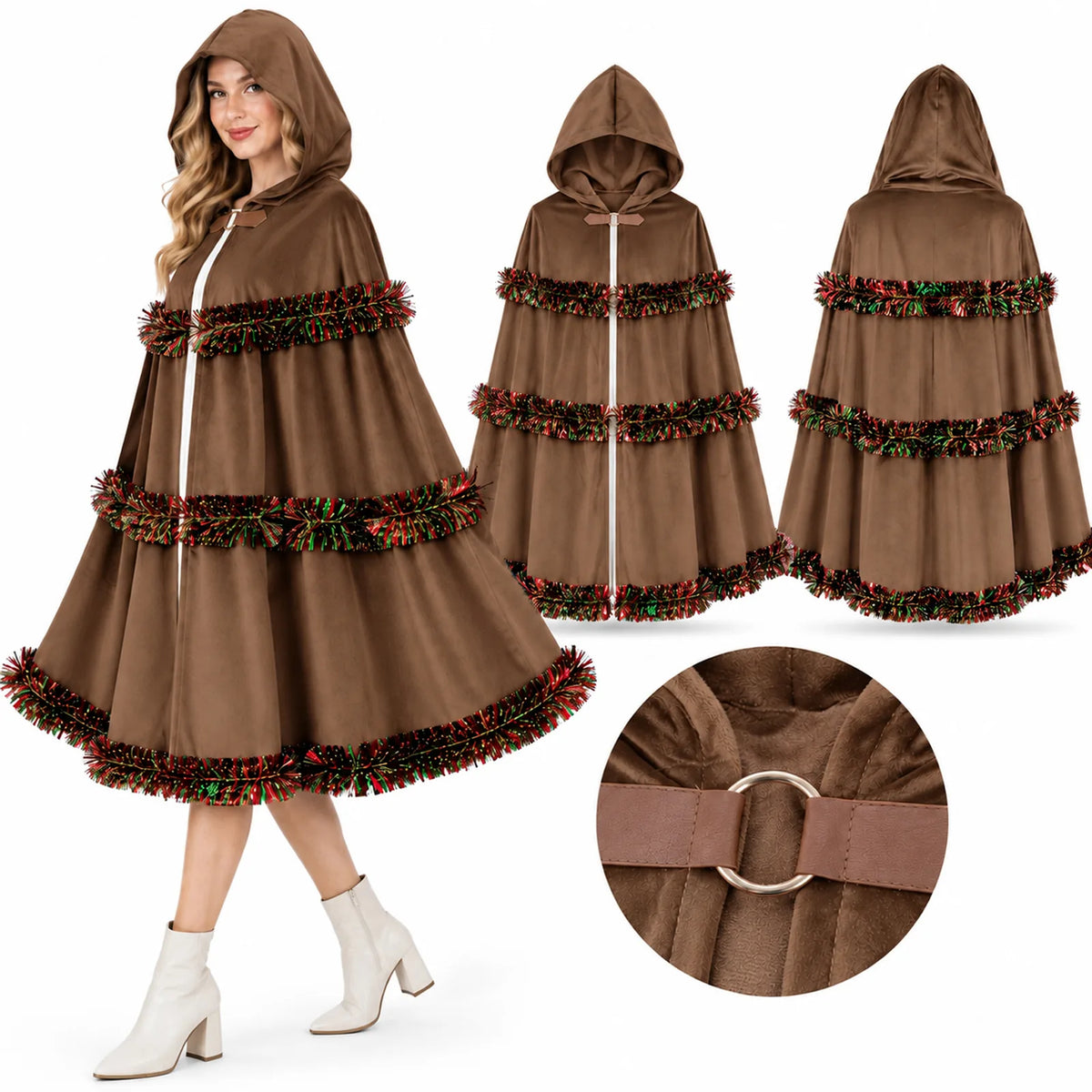The brown cloak is shown on a model, from both sides, and at the ring closure.