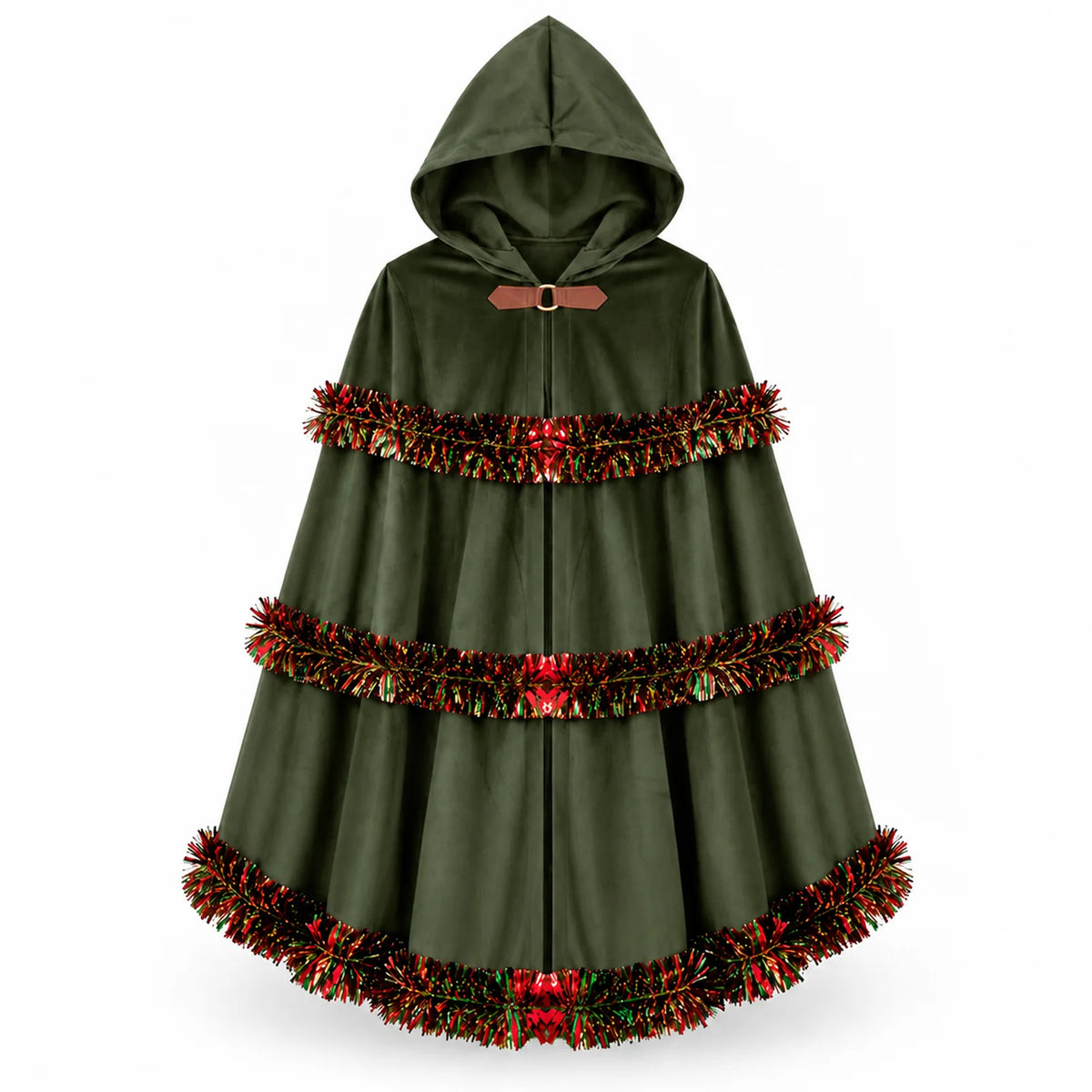 The green hooded cloak is displayed from the front with three tinsel bands.