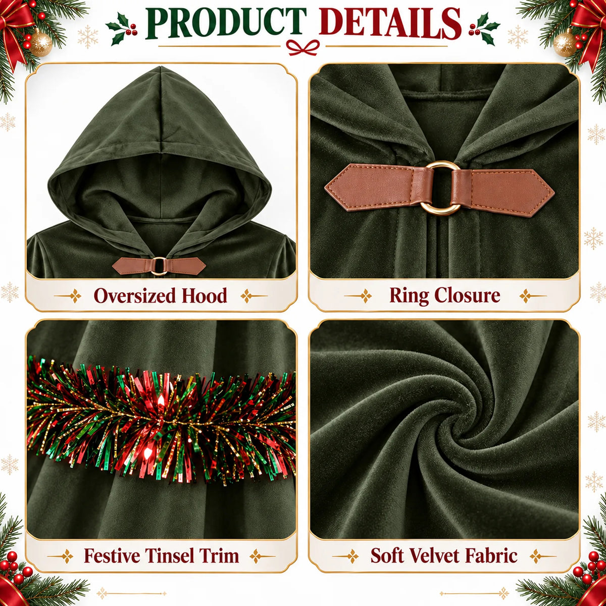 The green cloak detail graphic labels the hood, ring closure, tinsel trim and velvet.